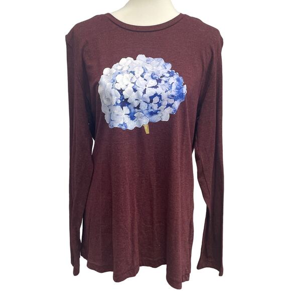 Hand Printed Upcycled Womens Large Hydrangea Floral Long Sleeve Tee Shirt - Picture 1 of 5